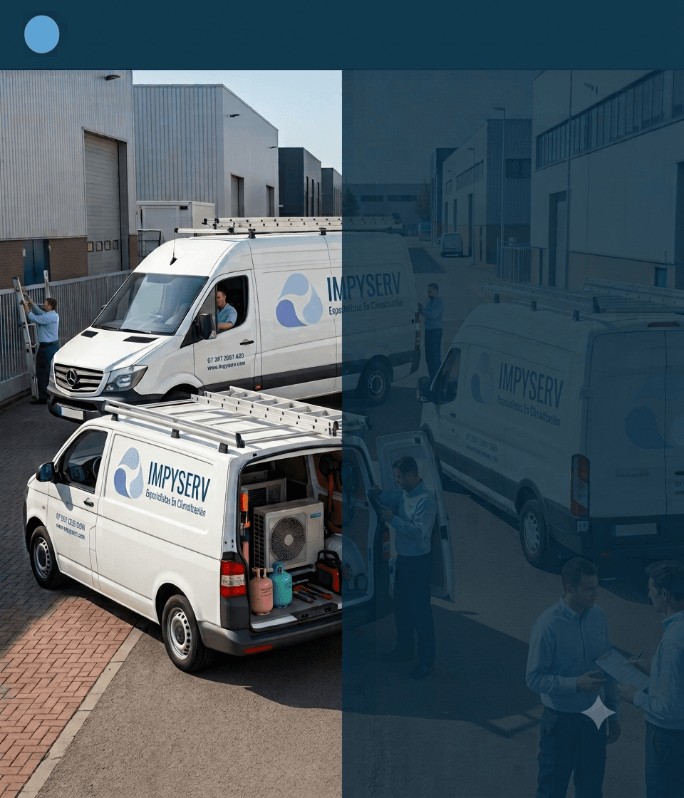 Técnicos de IMPYSERV con flotilla de vehículos